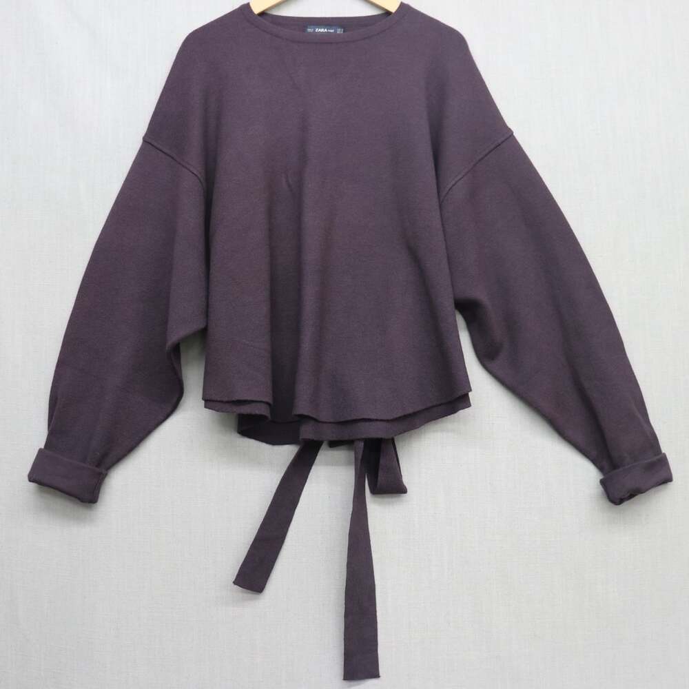 Zara Womens Knit Sweatshirt Oversized Dolman Sleeve Tie Waist Plum Purple Small